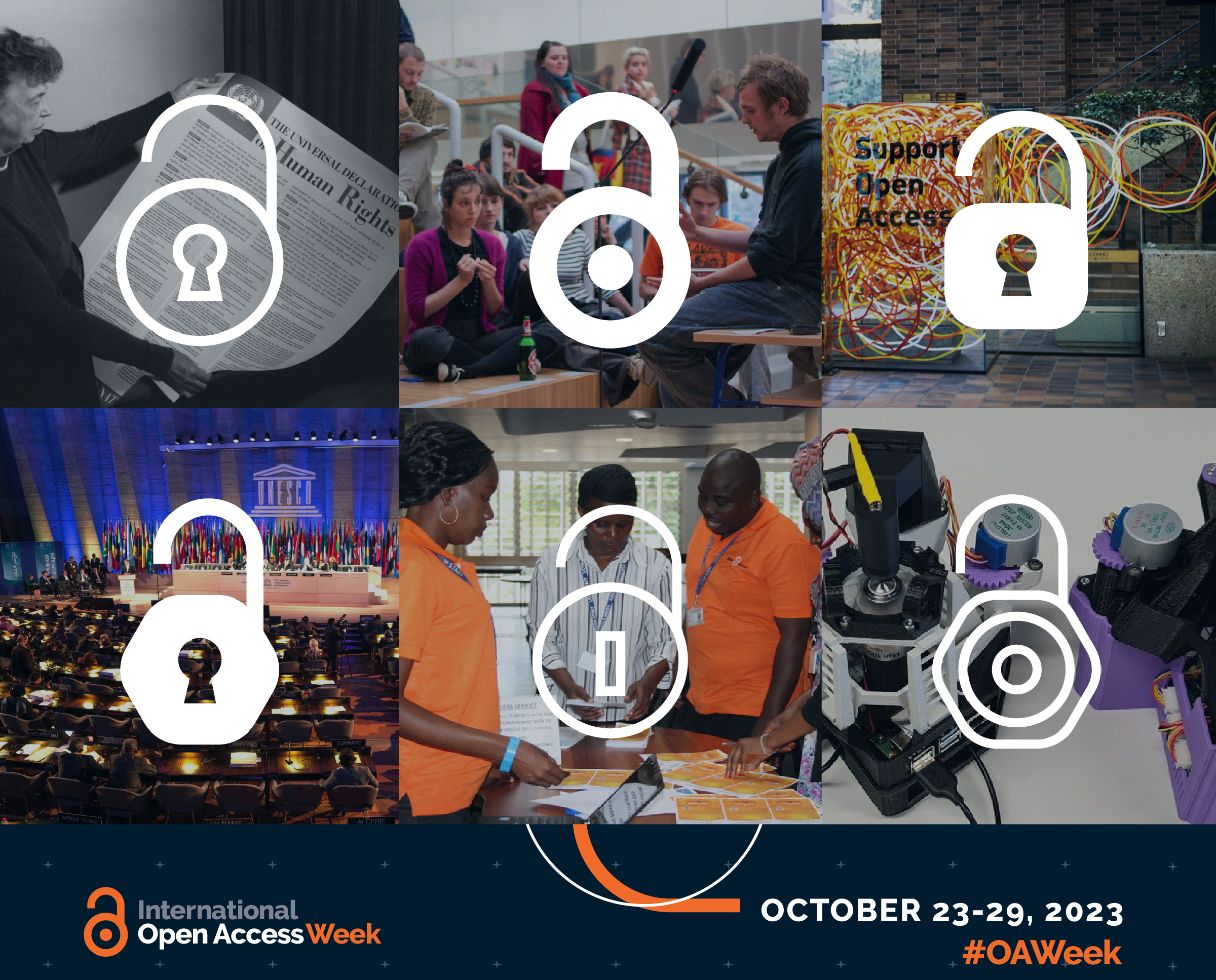 Grid of images showing people in various forms of learning and research. Text on image reads International Open Access Week, October 23-29 2023 #OAWeek