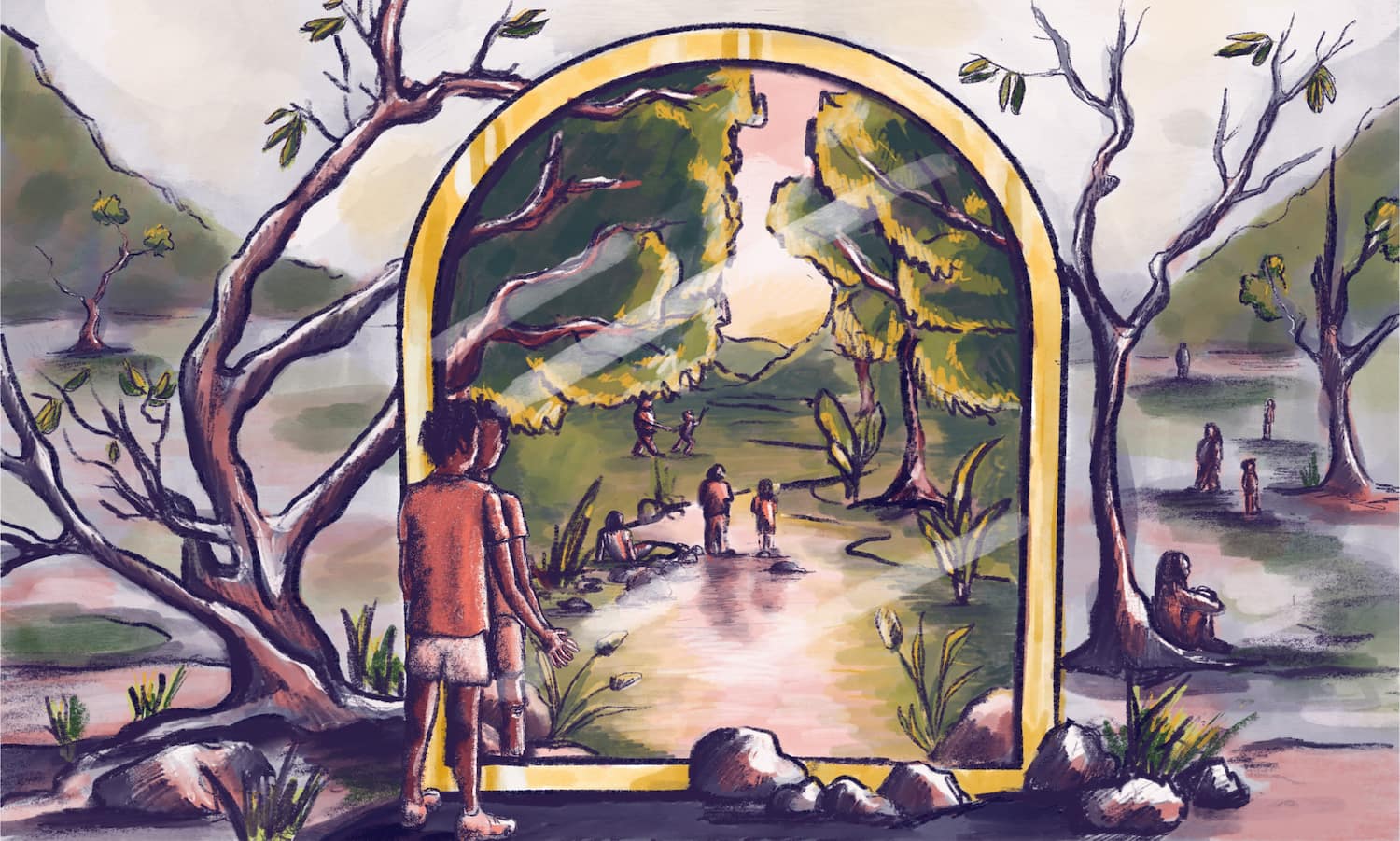 Illustration of person looking into mirror of tree lined path