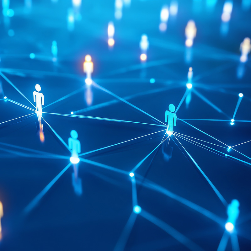 network illustration with glowing human icons connected by lines, symbolising digital connectivity or a social network.
