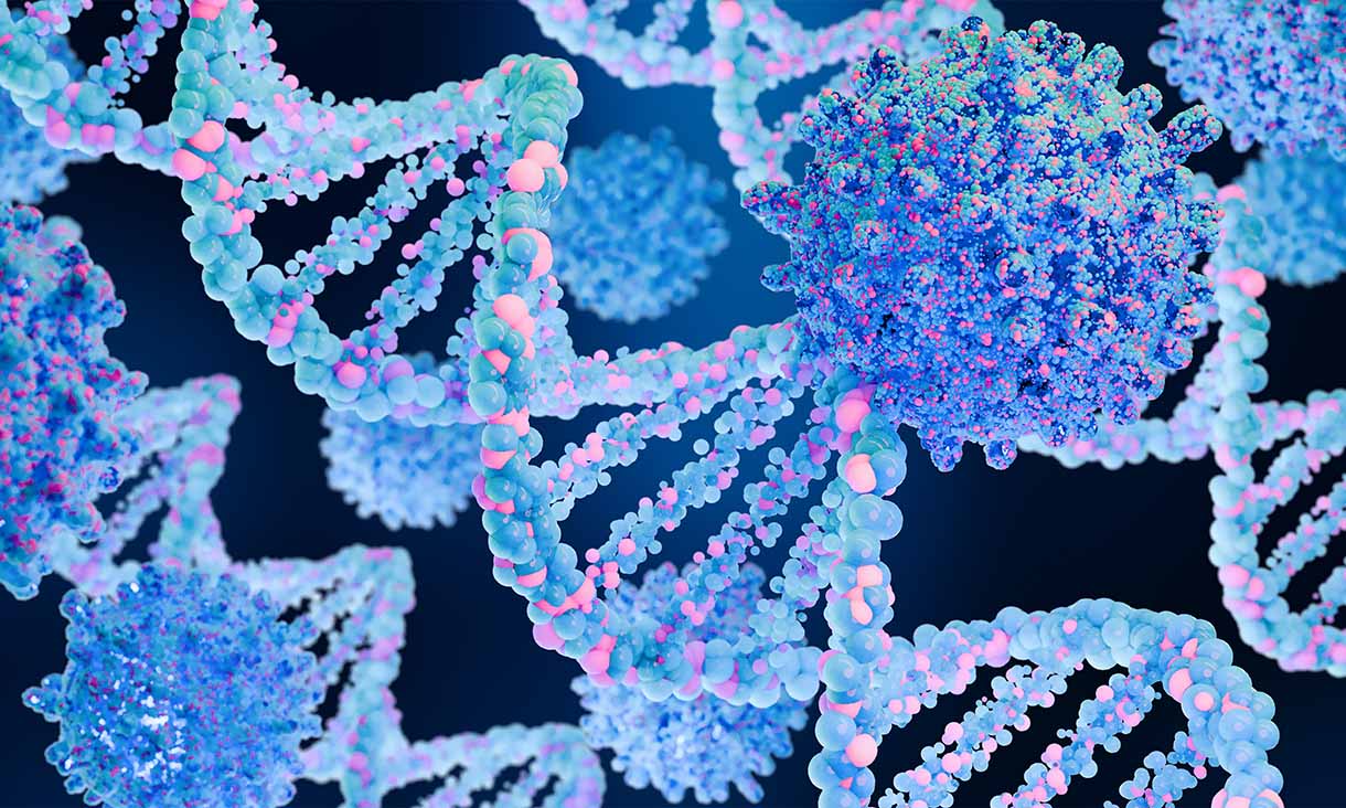 3D render of DNA double helix structures and molecules, representing genetic science or biotechnology.