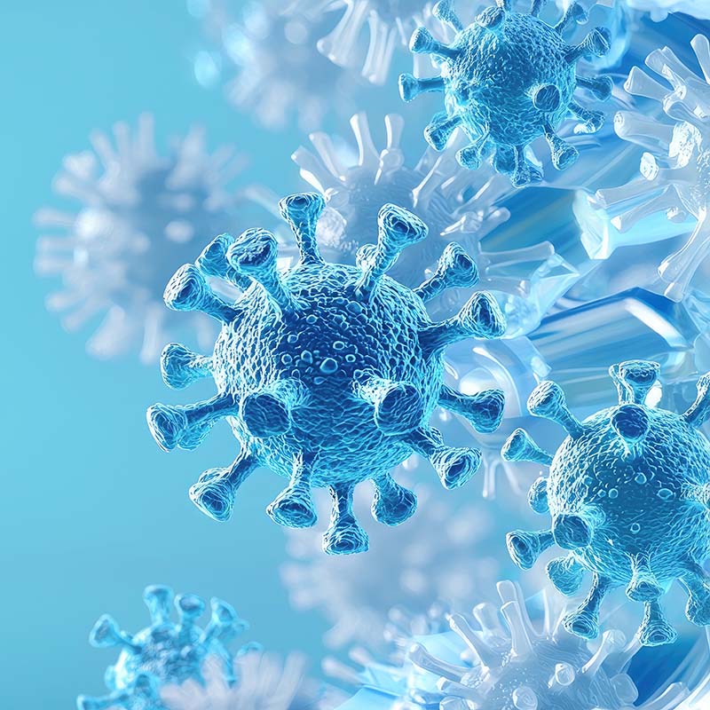 Close-up 3D illustration of blue virus particles, representing viruses or microbial organisms.