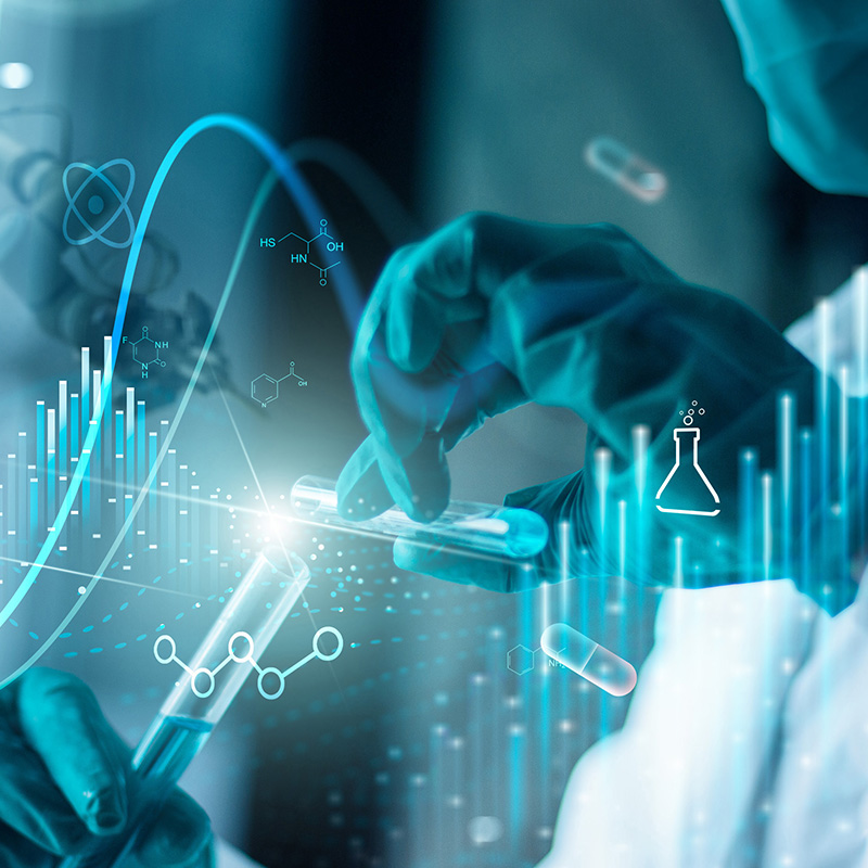 Scientist wearing gloves using test tubes, overlaid with digital science graphics, symbolising laboratory research and innovation.