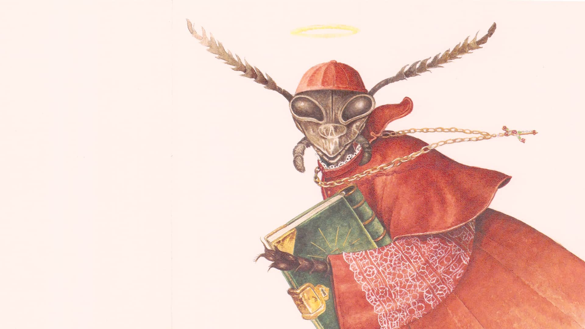 praying mantis bishop holding book artwork