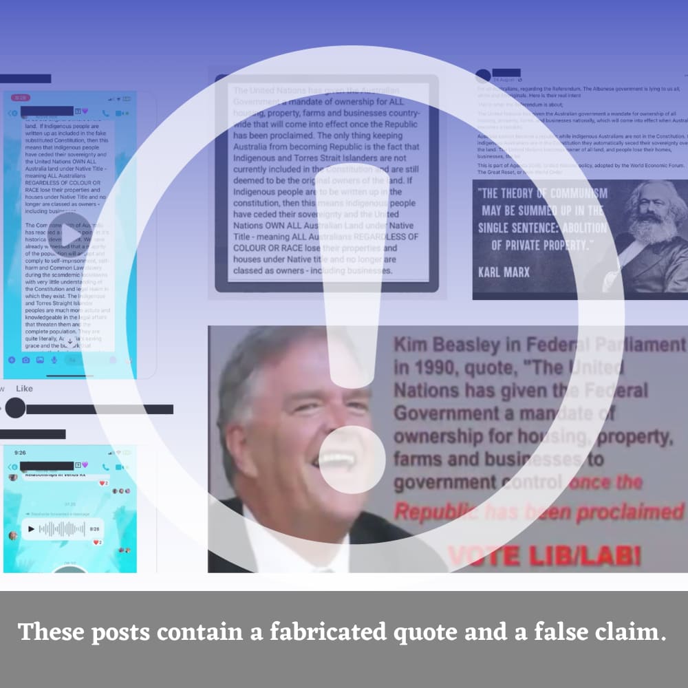 Screenshots by CrossCheck showing examples of the claim with a large exclamation sign superimposed. Text at the bottom reads: "These posts contain a fabricated quote and false claim."