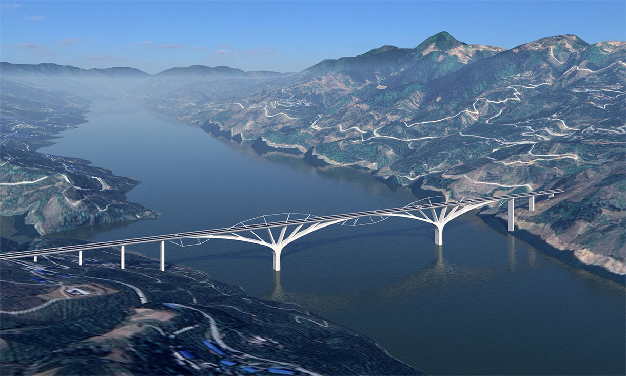 Design proposal by Mike Xie’s team for a bridge in Chongqing, China, in collaboration with T.Y. Lin International Engineering Consulting.