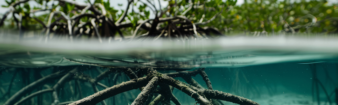 Mangrove roots interweaving in the shallow water