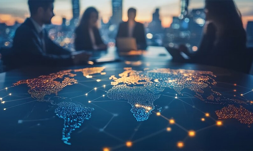 Business meeting with four people seated around a table displaying a glowing digital world map.
