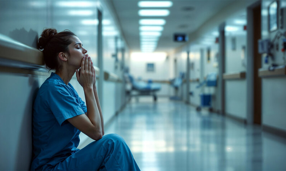 Healthcare worker in scrubs sitting on the floor in a hospital corridor.