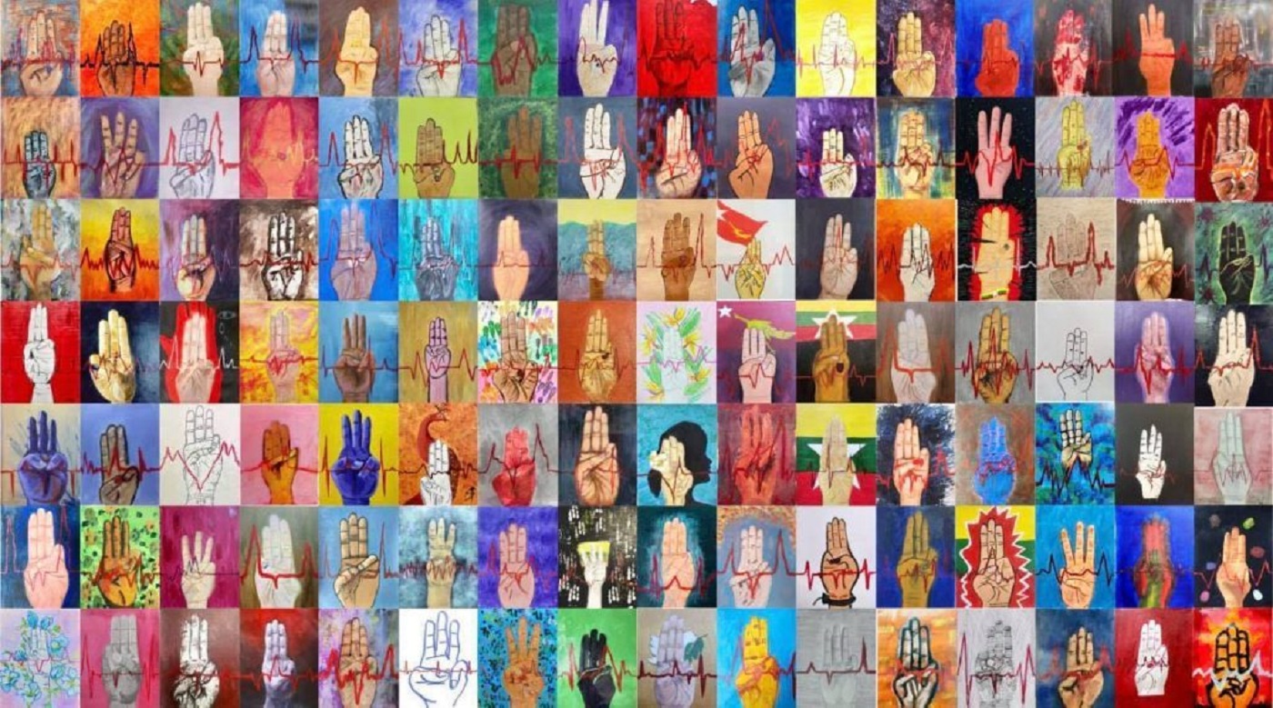 A collective painting of multiple hands organized by Khin Zaw Latt supporting Myanmar's Civil Disobedience Movement. 