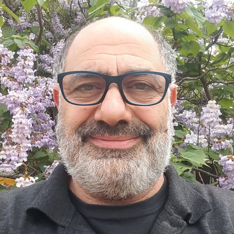 Profile photo of Ben Stranieri. Ben is standing outside, trees and purple flowers in the background. Ben is looking at the camera and smiling. Ben is wearing glasses, and a black collared shirt.