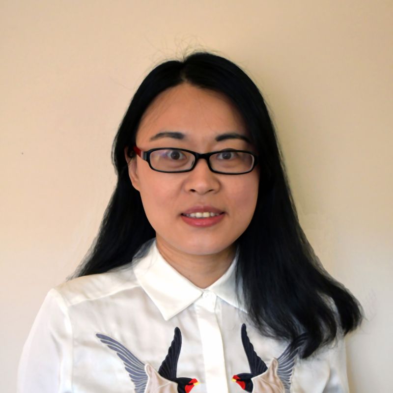 Profile photo of Associate Professor Rebecca Yang smiling at camera, wearing glasses, standing in front of a light brown wall.