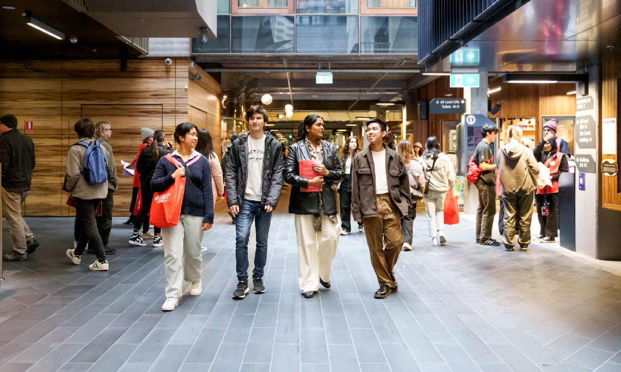 Students exploring RMIT's City campus on Open Day