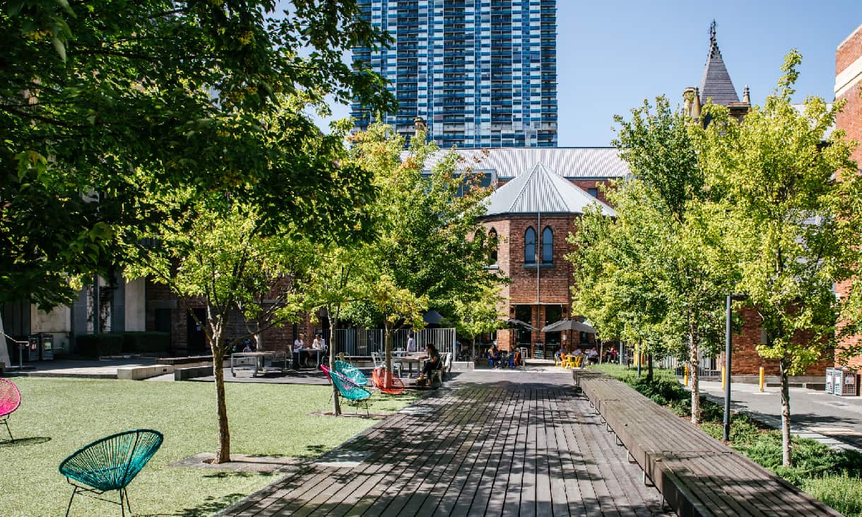 A path leading to a cafe on the RMIT Melbourne city campus