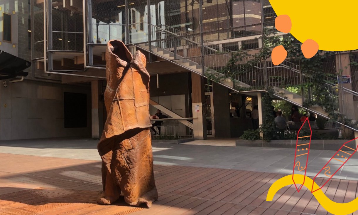 An indigenous statue (possum skin) at the City Campus.