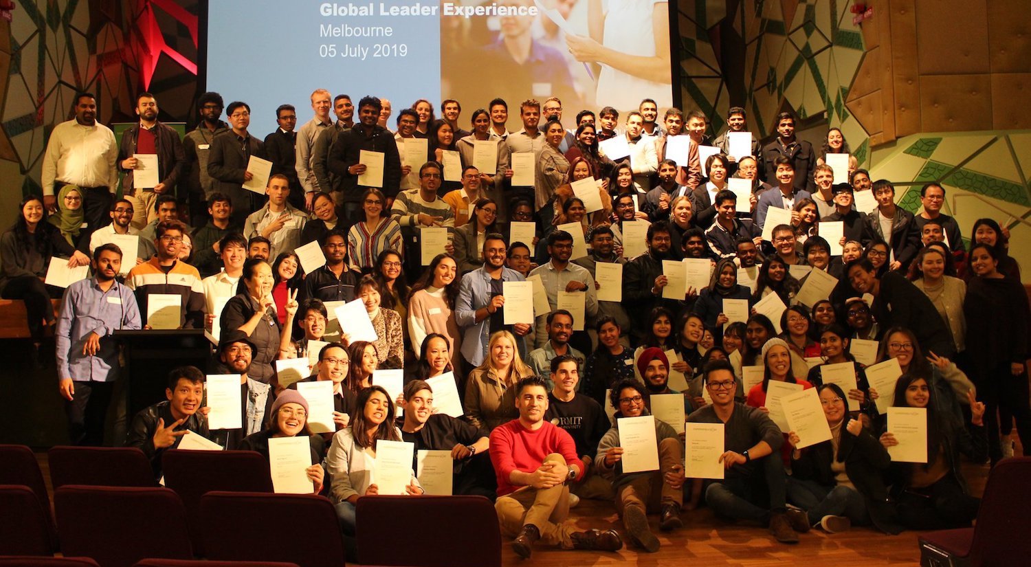 Students at the Global Leader Experience in Melbourne pose with completion certificates.