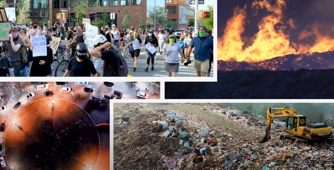 Four images appear on the screen: a protest with people holding signs; a wild fire with flames engulfing trees; a mountain of rubbish being moved by a a digger; cars stuck in traffic