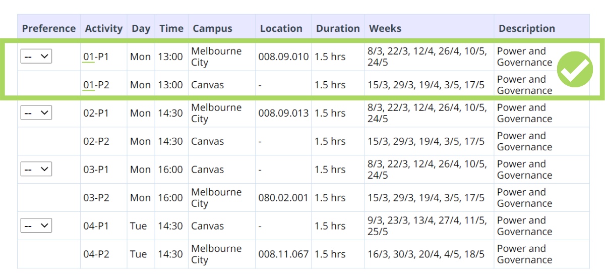 Screenshot of student timetable displaying time preference.