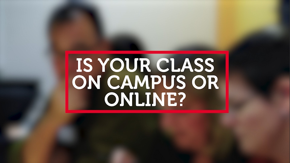 Text image with the words "Is your class on campus or online?"
