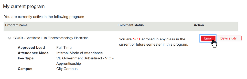 Screenshot of Apprentice and Traineeship EOL Step 1. Start enrolment