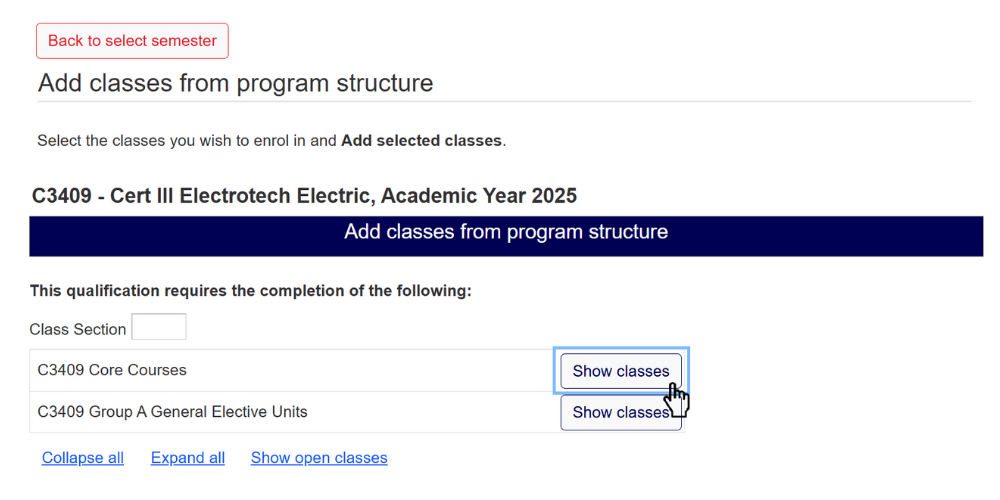 Screenshot of Apprentice and Traineeship EOL Step 4. Add classes - b. Select Show classes