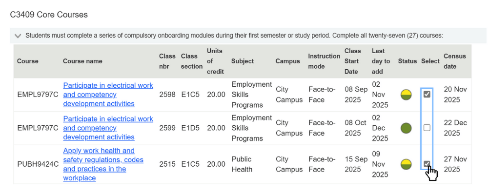 Screenshot of Apprentice and Traineeship EOL Step 4. Add classes - b. Select Show classes - Your classes will be pre-selected for you