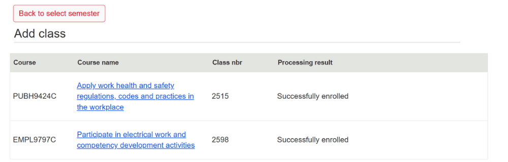 Screenshot of Apprentice and Traineeship EOL Step  4c. Your class enrolments will be displayed