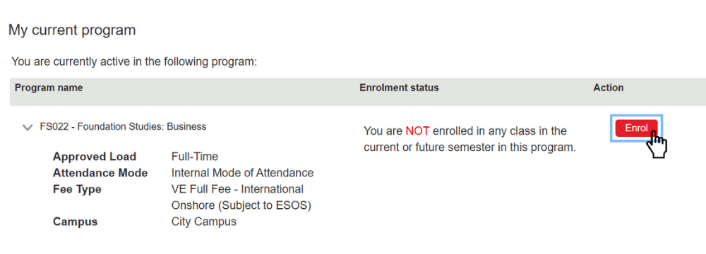 Screenshot of Foundation Studies EOL Step 1. Start your enrolment 