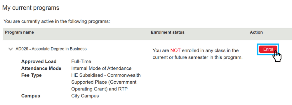 Screenshot of HE Domestic step 1. Start your enrolment - b. Click the 'Enrol' button under 'Action