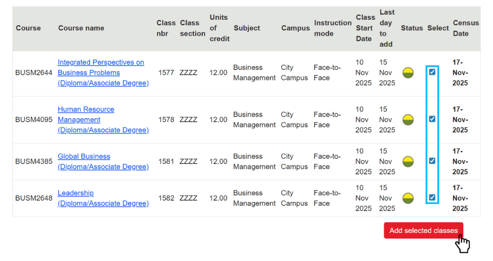 HE Dom step 6c. Select the classes for the Semester you are enrolling into