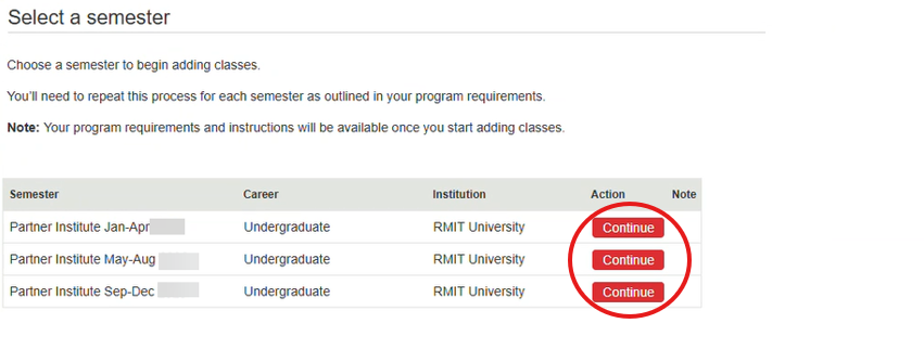Screenshot of enrolling as a student at a partner institute - Step. 4. select a term
