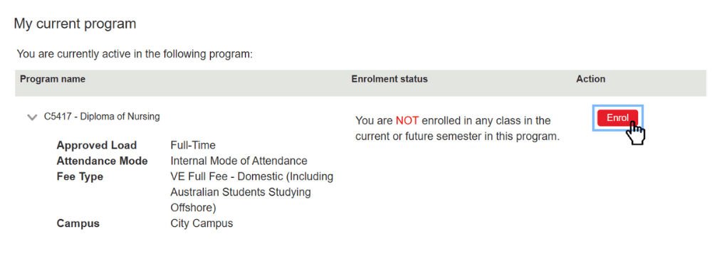 Screenshot of VE full fee EOL step 1. Start your enrolment