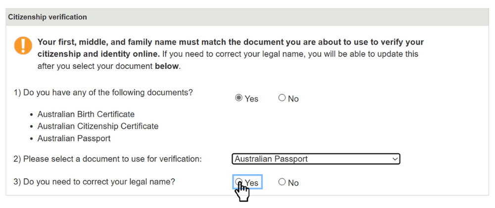 Screenshot of VE full fee step 2. verify your citizenship and identity 