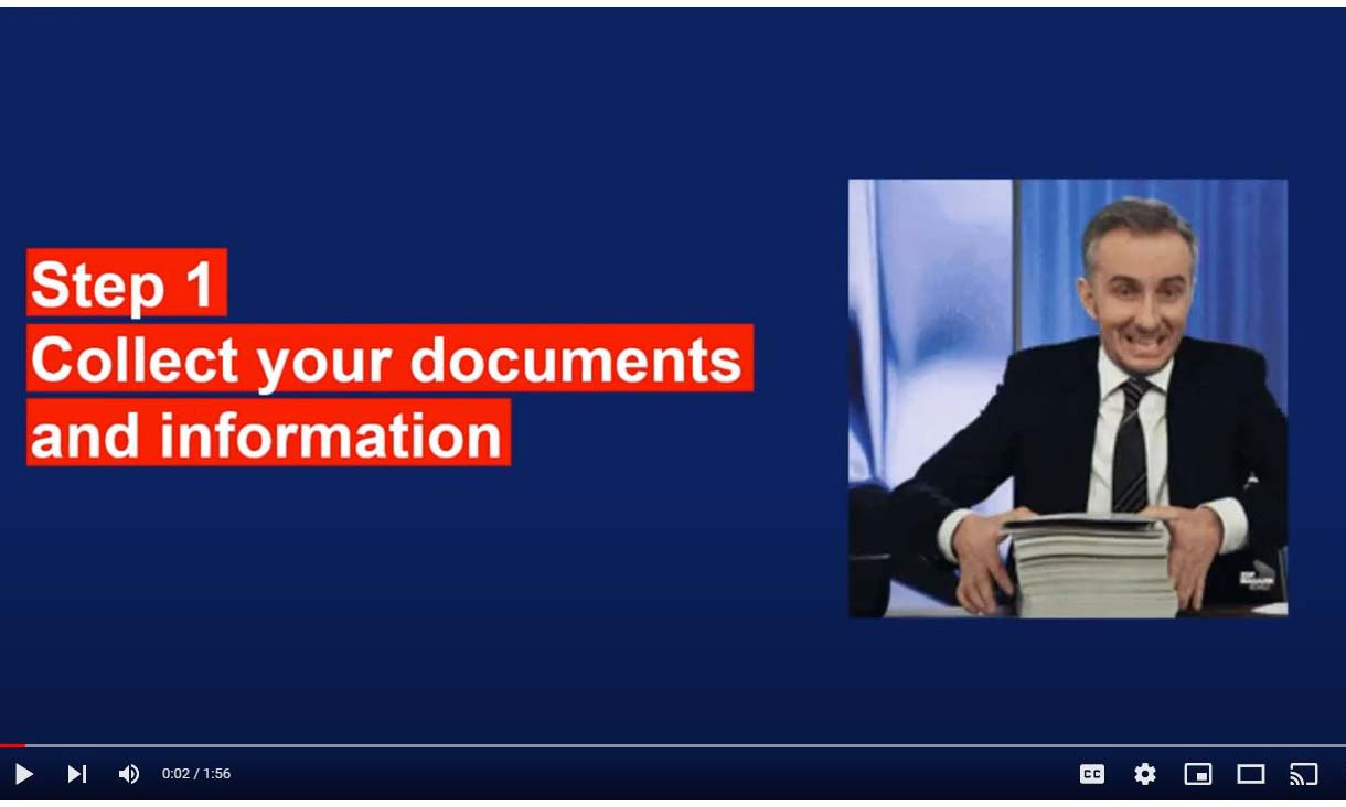 First slide of video with text - Step 1. Collect your documents and information