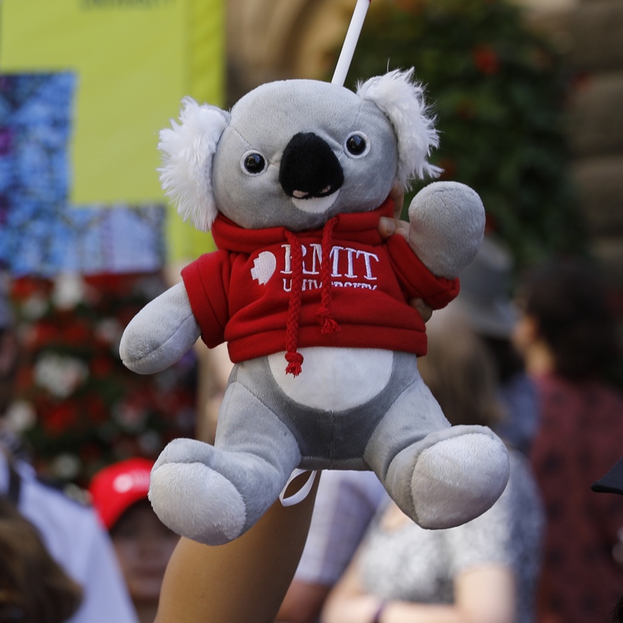 A student holds up a koala plushie wearing a red RMIT hoodie.