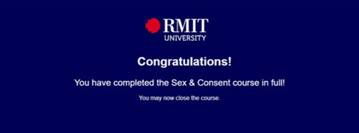 Screenshot of the congratulations message seen upon completion of the sex and consent module