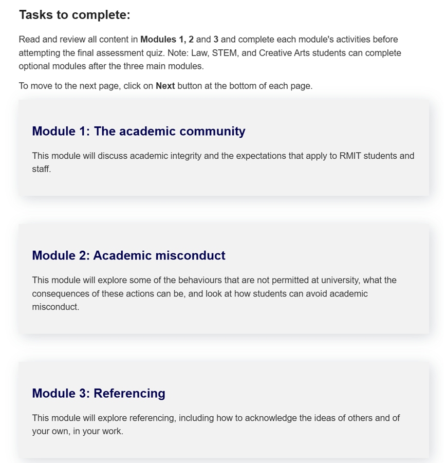 3 sections of the Academic Intergrity Awareness modules