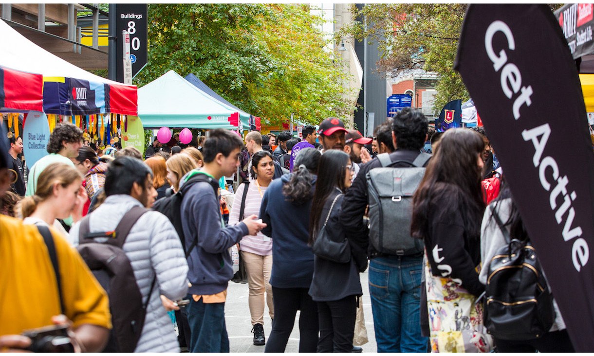 A crowd of students at stalls on Clubs Day