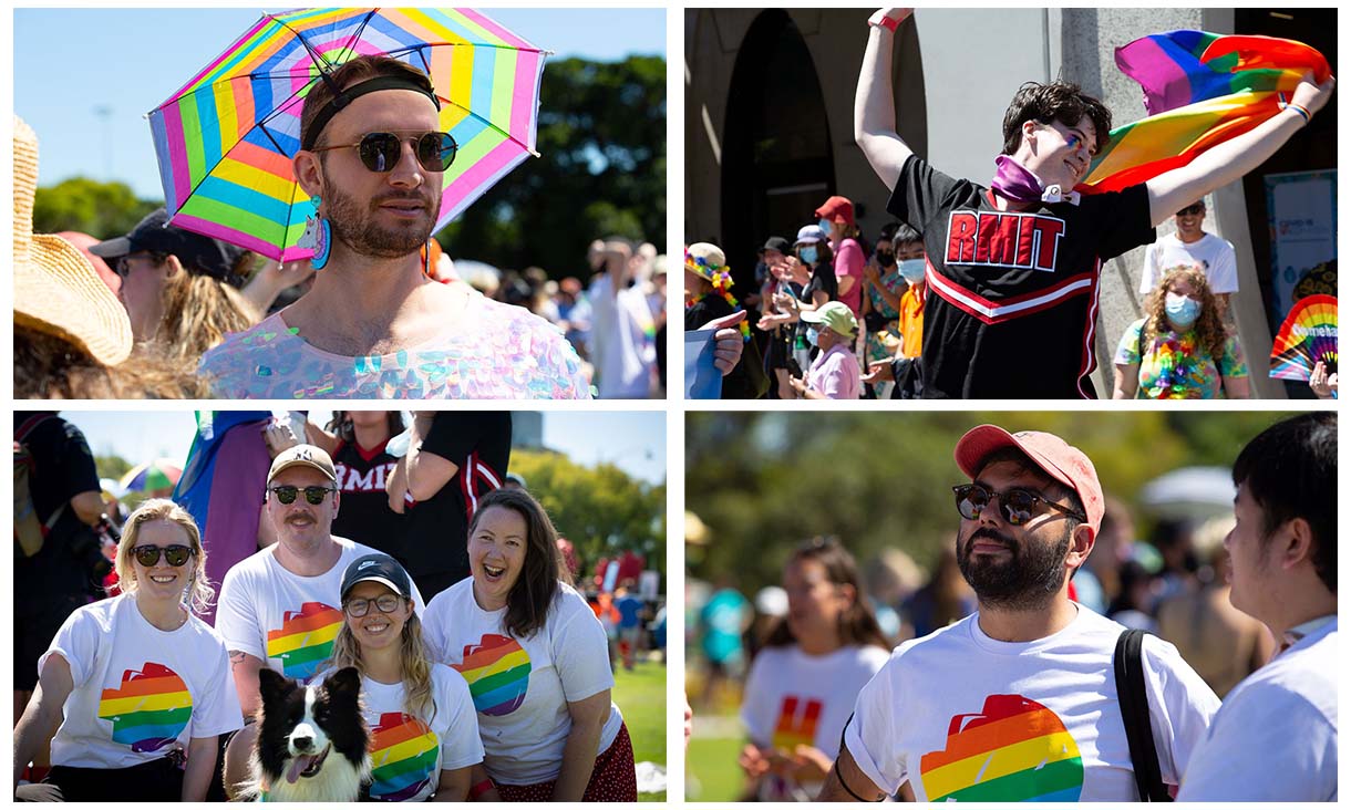 Four photos of RMIT attendees at the Midsumma Pride March