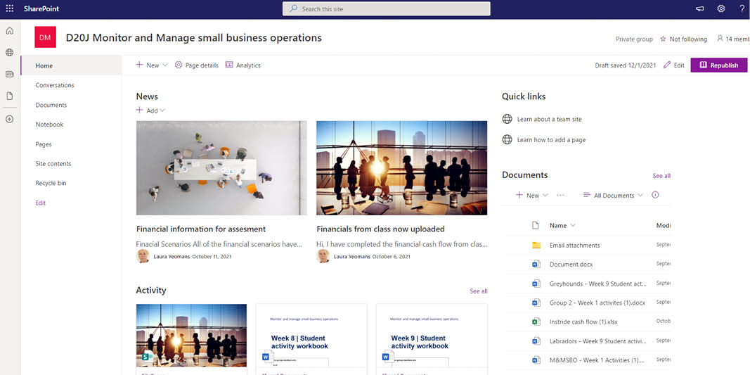The Monitor and Manage small business operations Sharepoint site includes Activity, documents, and news sections