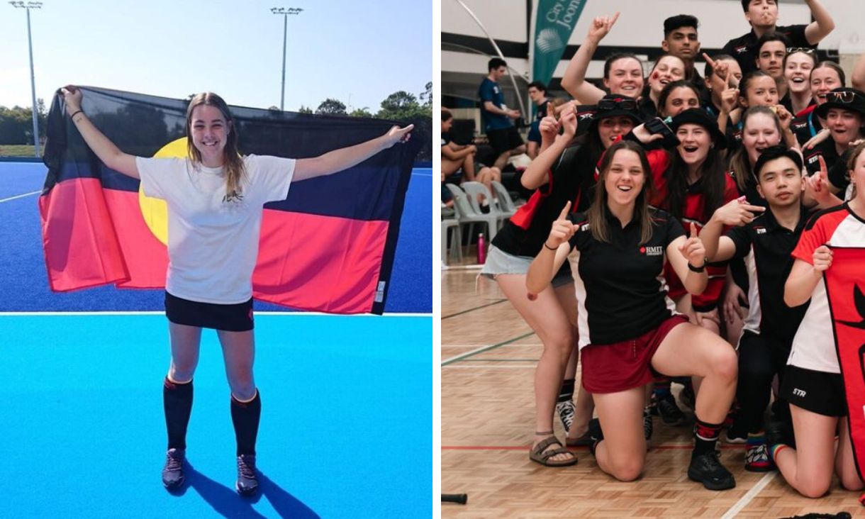 Two images of student Caley Manzie side by side. Image on left hand side shows Caley holding up Indigenous flag on hockey field. Right image shows Caley kneeling down in Redbacks uniform with other teammates. 