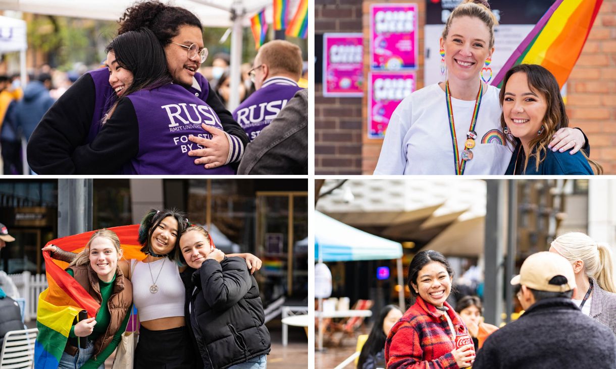 Four panel image showing students participating in Pride Week festivities. Top left panel showing two students in purple jackets hugging. Top right image two students in rainbow colours standing side by side. Bottom left three students posing together with Pride rainbow flag draped over shoulder. Bottom right panel showing student in red jacket holding can of Coke smiling towards camera.  