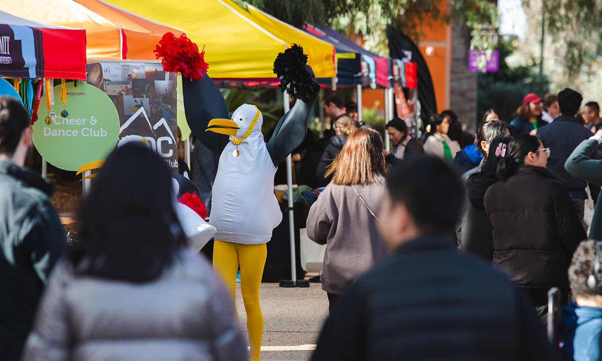 Person in a seagull costume waving pom poms in a crowd of people