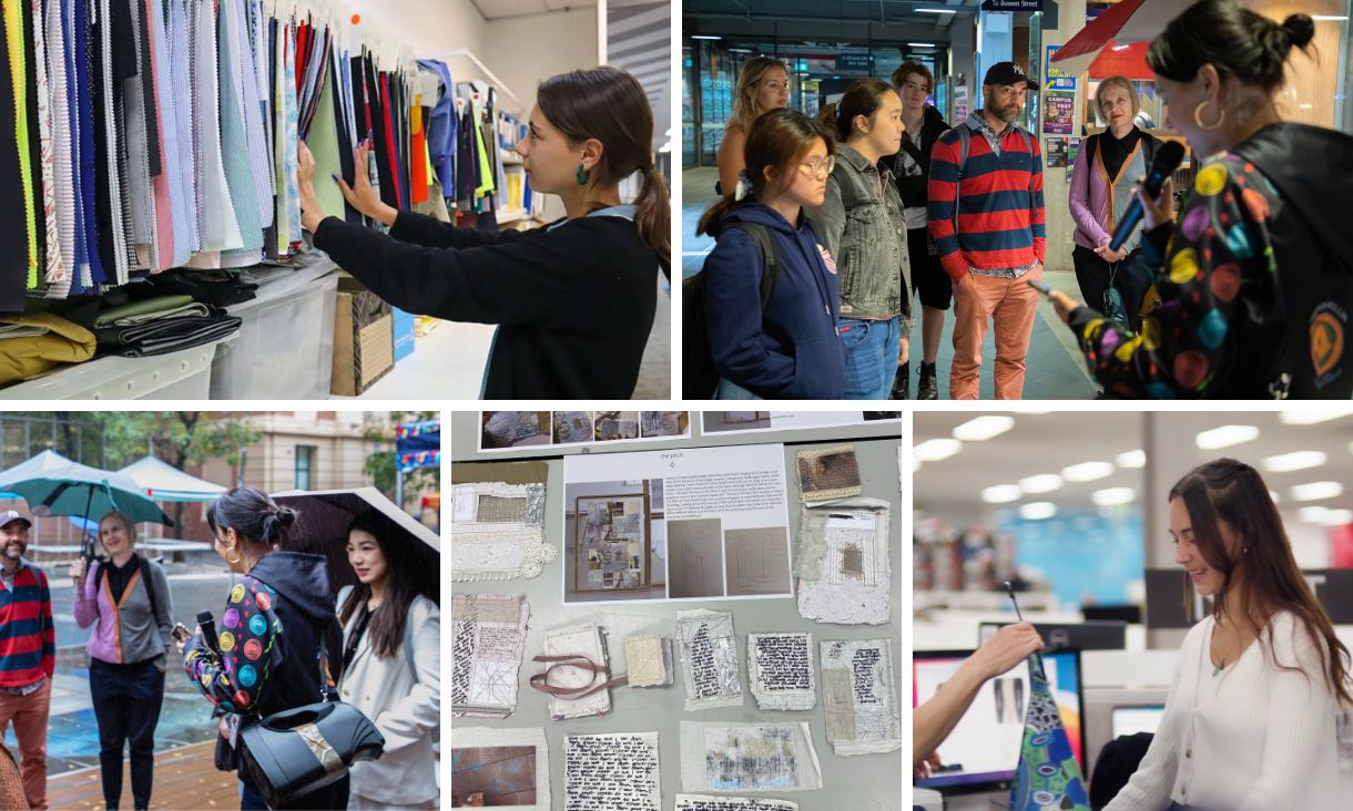 Different collage of images showing Lucinda working with textiles and taking students on Indigenous Campus Tours