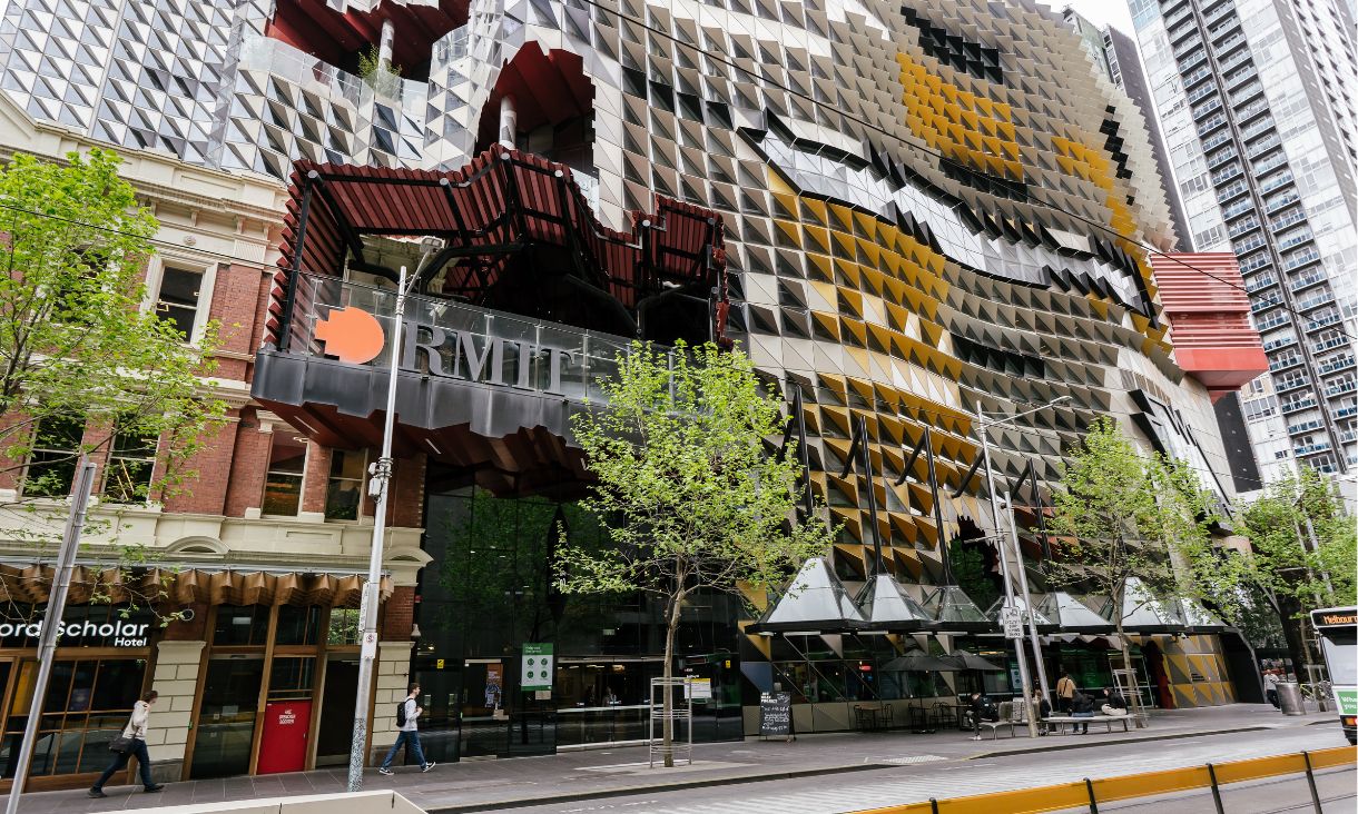 The RMIT sign seen from Swanston Street