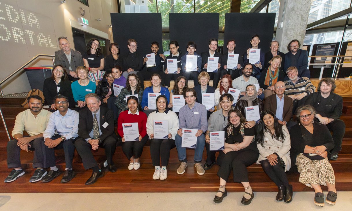 RMIT Science Stars sit with their certificates of recognition during the Student Innovation Showcase