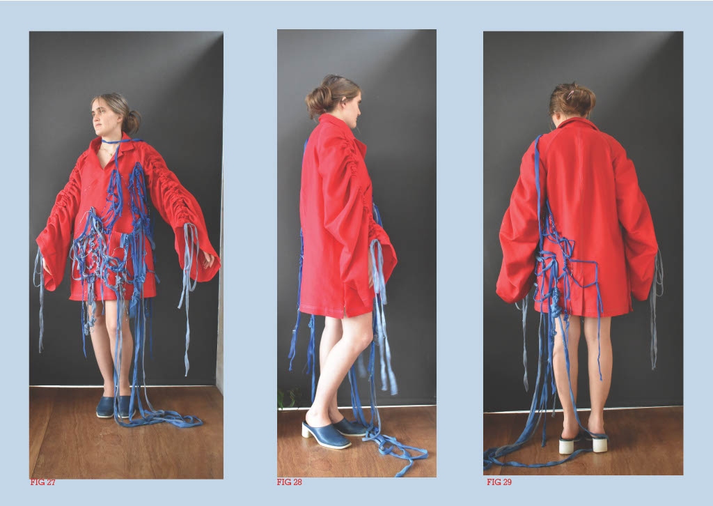 Model wearing Flora Bellemo’s lab coat-inspired creation, developed through a collaboration with HIV researchers for New York Fashion Week.