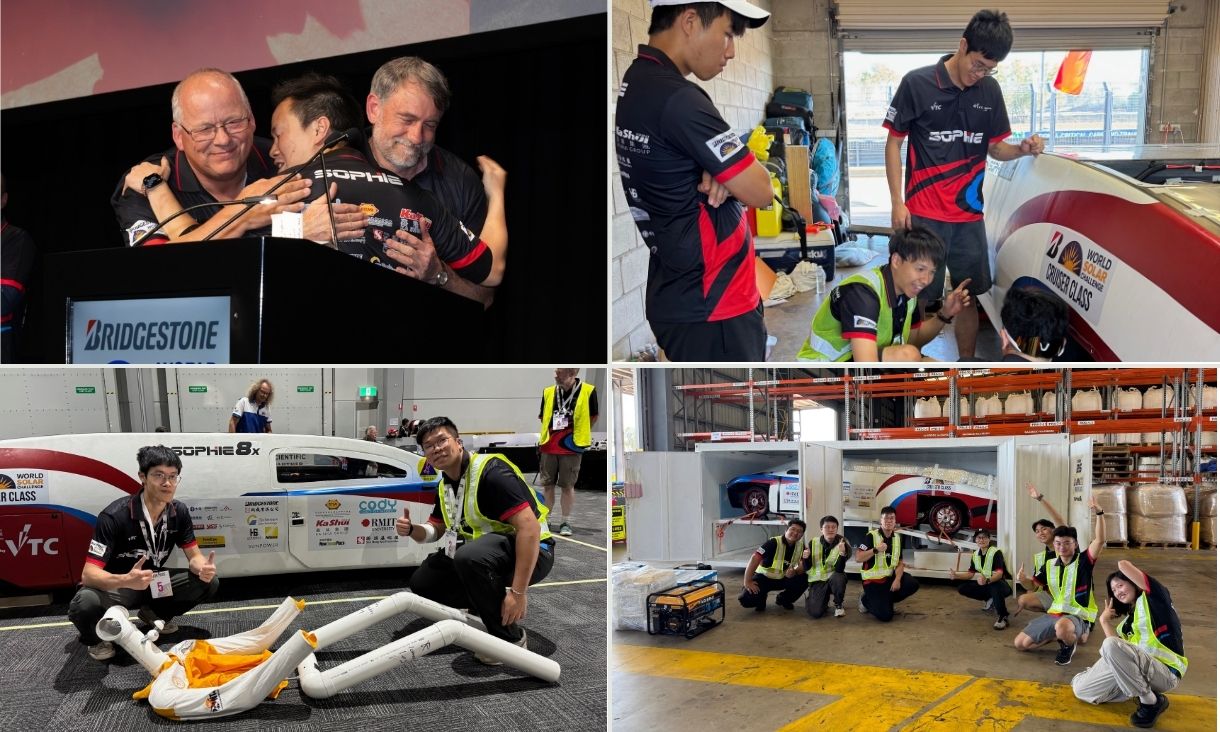 Four images depicting team working on car