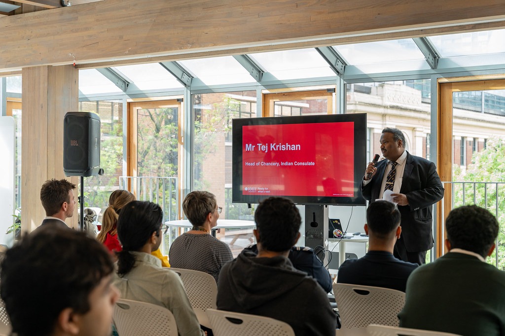 Mr Tej Krishan, Head of Chancery at the Indian Consulate in Melbourne, presents to students about available support and emphasises the importance of staying safe.