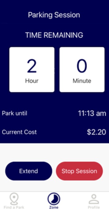 Screenshot of the “Extend” and “Stop Session” page in the RMIT Parking app