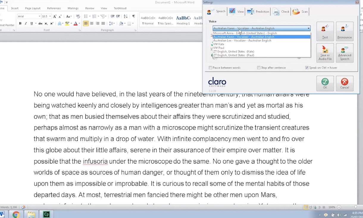 Screen capture of word document and ClareText software program interface